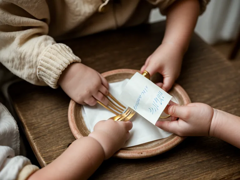 Gros plan sur les mains d'un enfant participant à un jeu de discussion pendant le repas.