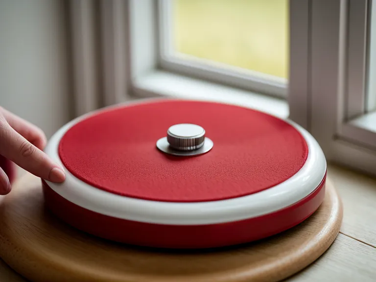 Gros plan d'un minuteur visuel à disque rouge sur une table en bois.