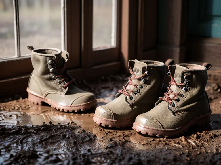 Bottes d'enfant boueuses et sac à dos dans une entrée de maison en désordre.