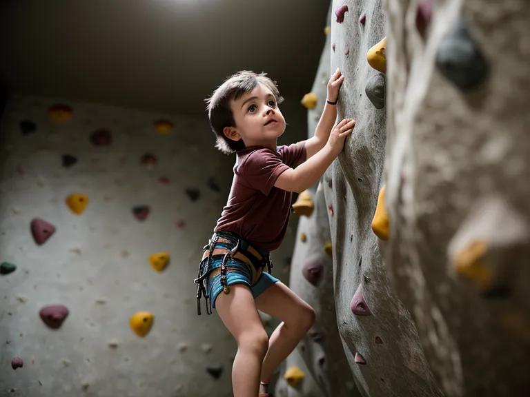 Jeune enfant concentré qui grimpe sur un mur d'escalade bas sous l'œil bienveillant de son père
