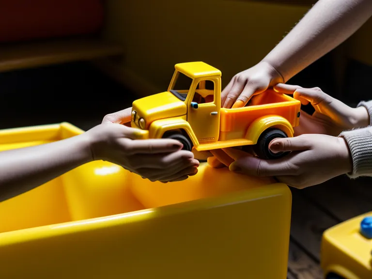 Gros plan sur deux enfants se disputant un camion en plastique jaune.