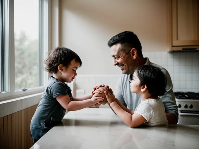 Père et enfant en pleine discussion apaisée dans une cuisine.