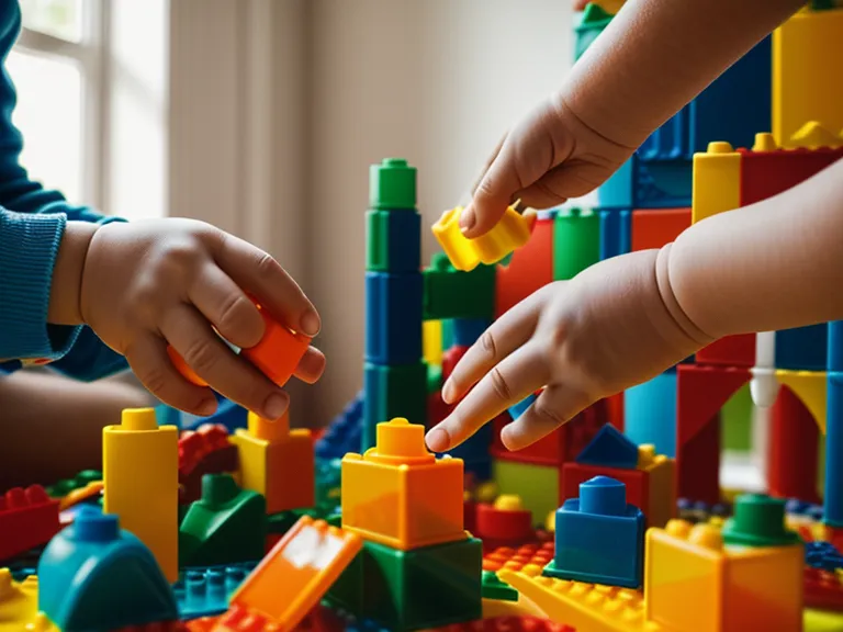 Gros plan de mains d'un père et d'un enfant triant des briques de jeu colorées.