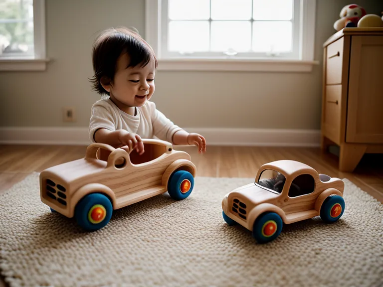 Un jeune enfant concentré jouant seul avec une voiture en bois dans le salon.