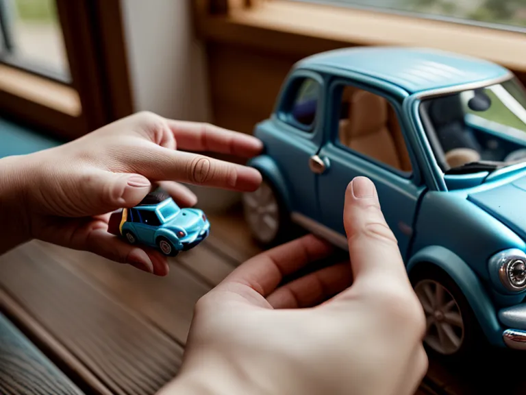 Main d'un père aidant son enfant à ramasser une petite voiture bleue.