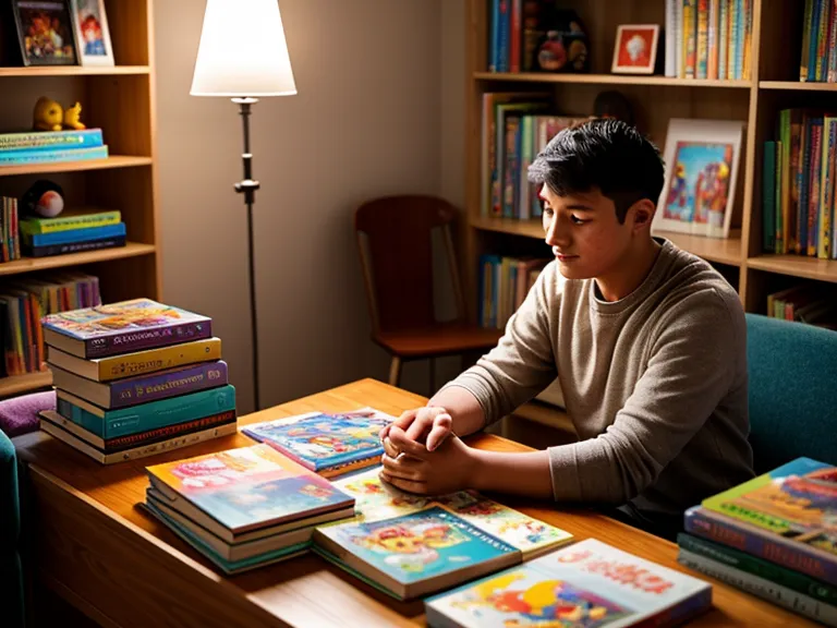 Un père rangeant calmement des livres d'enfants dans le silence du soir.