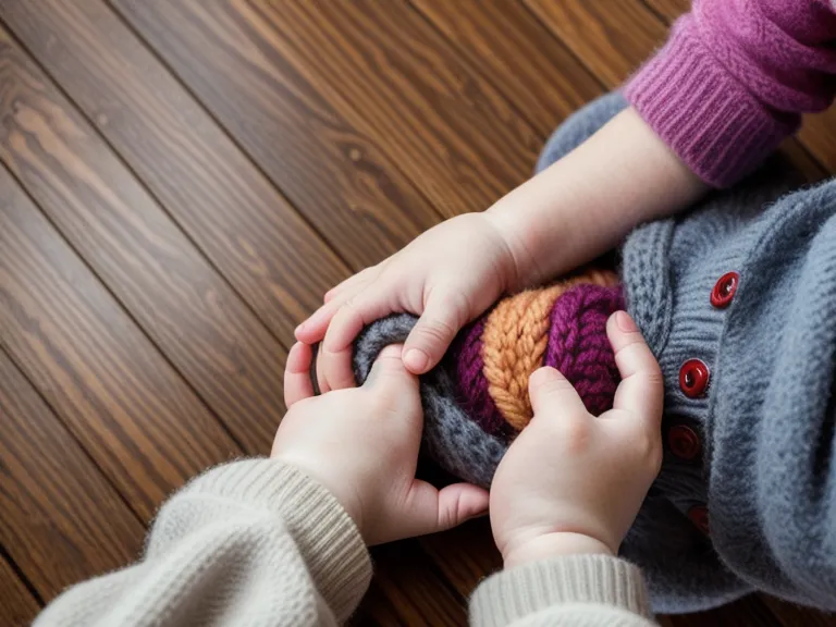 Mains d'enfant essayant de boutonner un gilet en laine