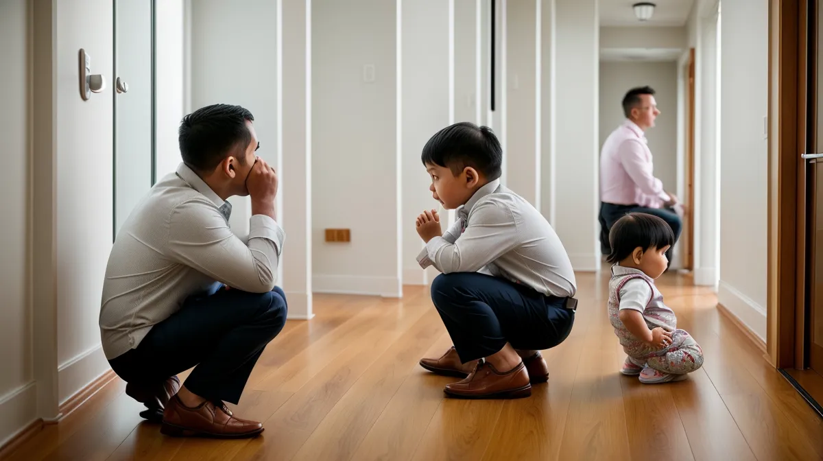 Papa accroupi devant la porte de la crèche pendant une crise d'angoisse de séparation, à la recherche d'outils de discipline positive