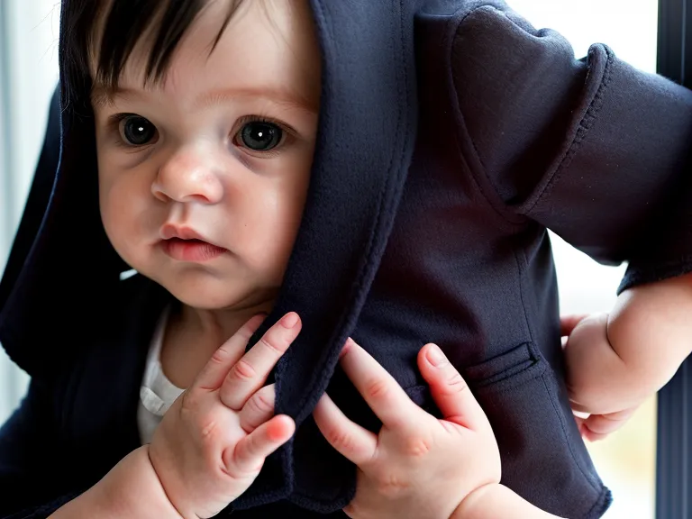 Gros plan d'une main d'enfant agrippée à la veste de son père, signe visible de l'angoisse de séparation en crèche