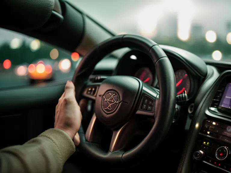 Mains d'un père sur un volant de voiture sous la pluie bordelaise le soir.
