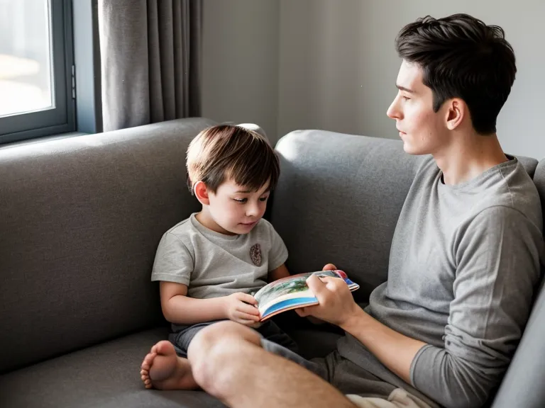 Papa qui lit un livre sur les émotions avec son fils sur le canapé, vocabulaire émotionnel et parentalité zen
