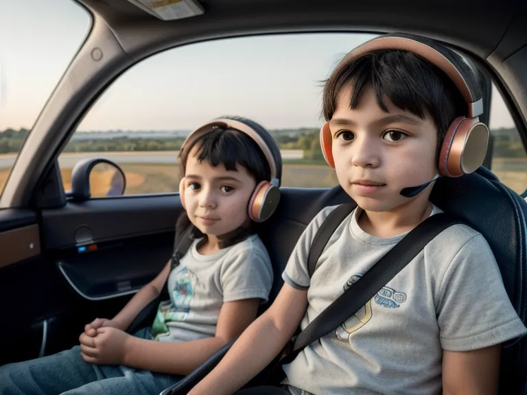 Enfants calmes avec casques audio regardant le paysage sur l'autoroute.
